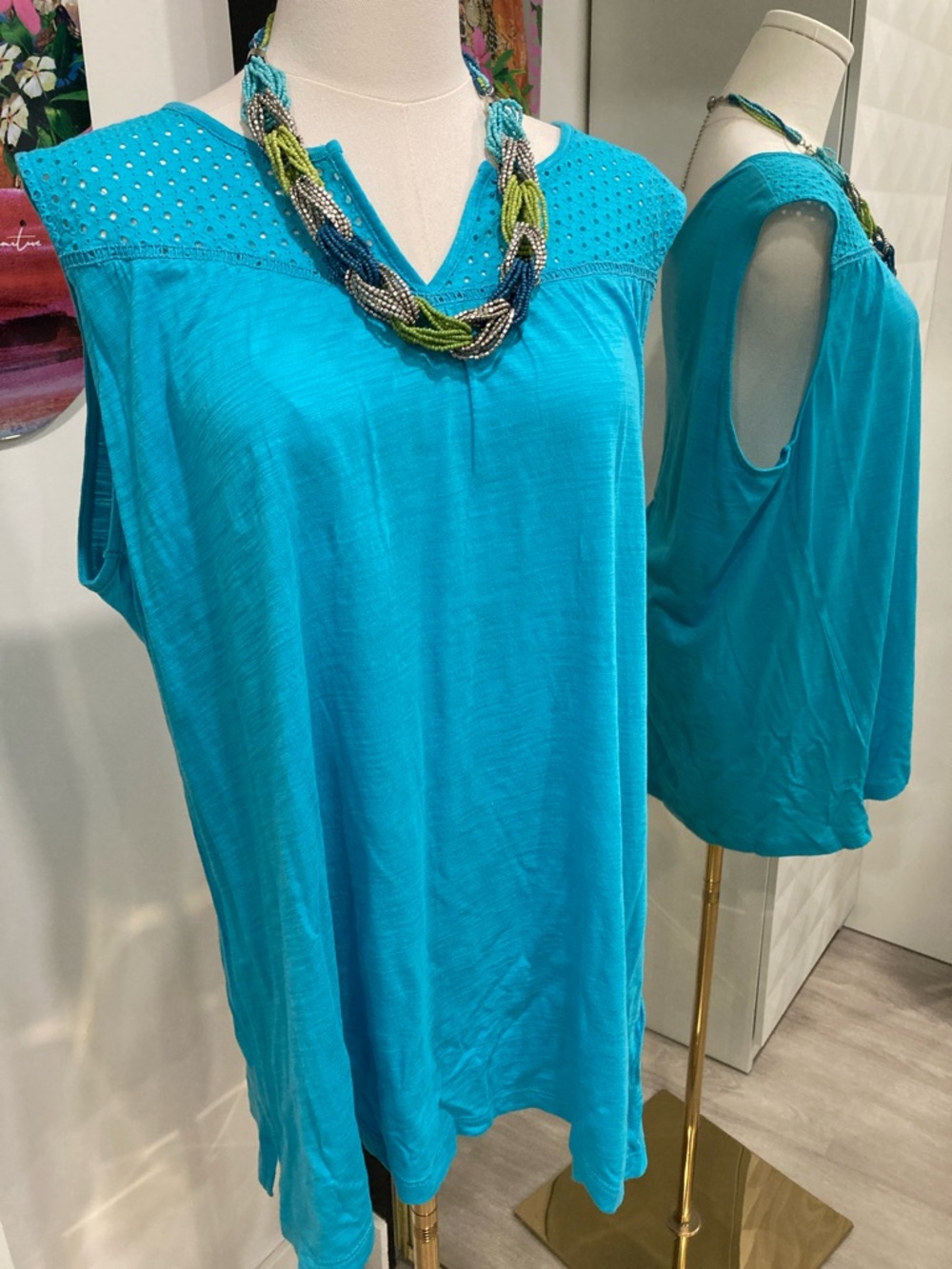 Embellished Cotton V-Neck Tank Top in Turquoise